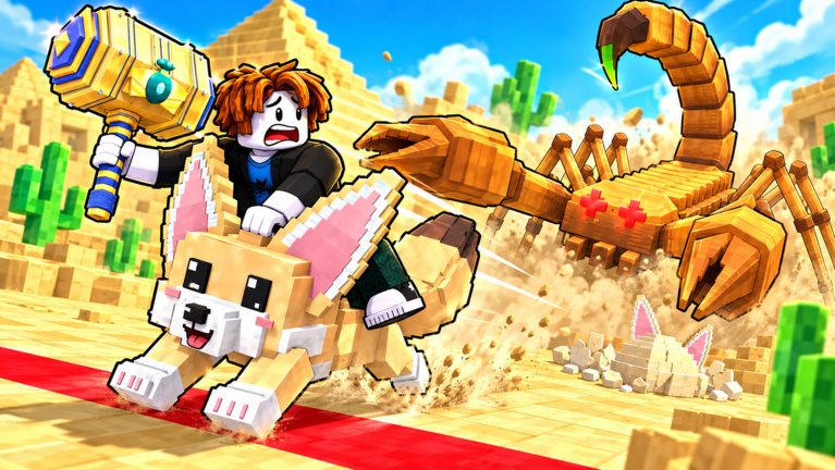 A player rides a fennec fox pet away from a giant scorpion boss