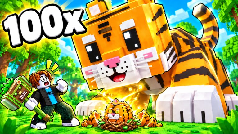 A giant 100x tiger pet hatches next to a surprised player