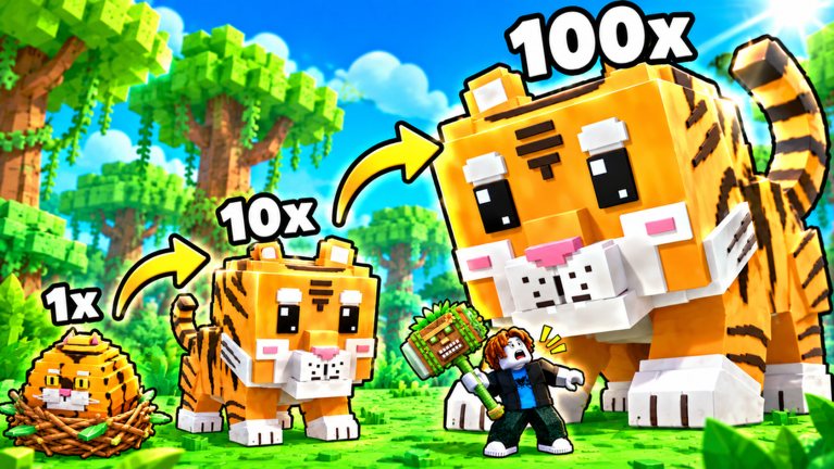A tiger pet grows from 1x to 10x to 100x size