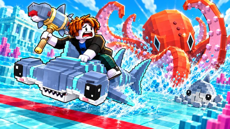 A player rides a shark pet away from a giant octopus boss