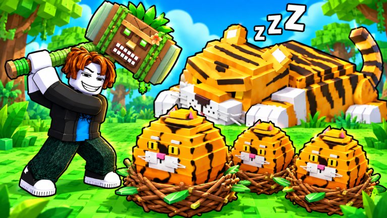 A Roblox player swings a hammer at giant tiger eggs next to a sleeping tiger