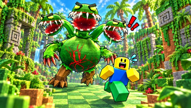 A Roblox player runs from the 3-Headed Venus Flytrap boss in the Jurassic Zone