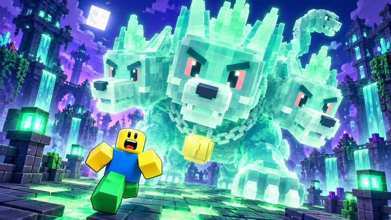 A giant three-headed ghost wolf chases a player