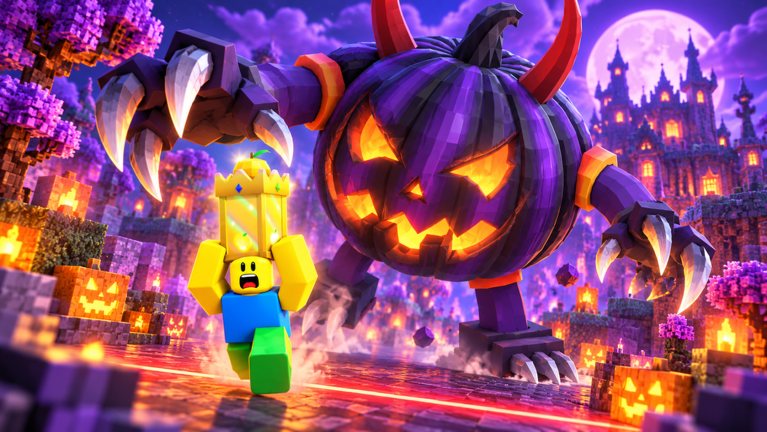 A Roblox player runs off with a stolen seed while the giant Ghost Pumpkin boss chases them